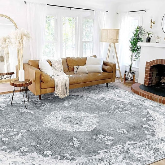 MUJOO 9’x12’ Area Rug Large Rugs for Living Room Bedroom Dining Room,Boho Washable Non Slip Bohemian Vintage Distressed Farmhouse Non Slip Big Carpet,Grey Floral Flowers