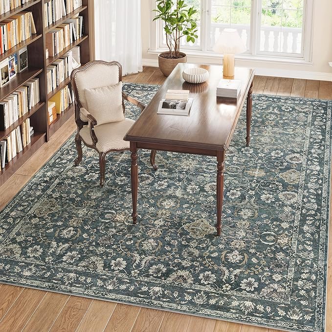 9x12 Area Rug for Living Room, Soft Large Rugs Blue Washable Rugs, Indoor Vintage Carpet for Bedroom Dining Room Office, Rubber Backed Non Slip Low Pile Mat, Deep Blue