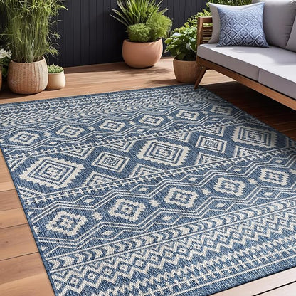 Beverly Rug Waikiki Boho Indoor Outdoor Rug 8x10, Washable Outside Carpet for Patio, Deck, Porch, Bohemian Area Rug, Farmhouse Rugs, Aztec Tribal Rug, Azure and White