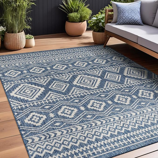 Beverly Rug Waikiki Boho Indoor Outdoor Rug 9x12, Washable Outside Carpet for Patio, Deck, Porch, Bohemian Area Rug, Farmhouse Rugs, Aztec Tribal Rug, Azure and White