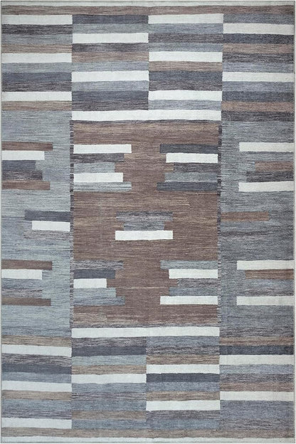Bloom Rugs Washable Non-Slip 6' x 9' Rug - Blue/Brown Striped Area Rug for Living Room, Bedroom, Dining Room, and Kitchen - Exact Size: 6' x 9'