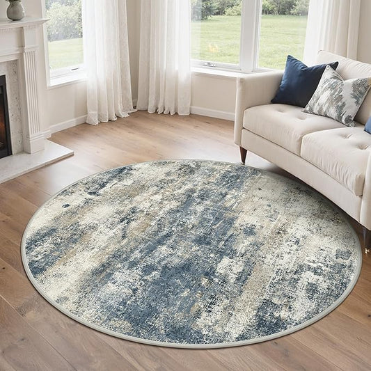 GENIMO Round Area Rugs 5FT for Living Room, Washable Circle Rug Low Pile, Non Slip Abstract Carpet for Bedroom, Enytryway, Kitchen, Navy Blue