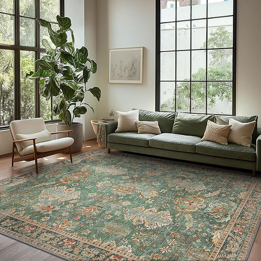 Bavni 10x14 Area Rugs for Living Room, Machine Washable Rug Lightweight Low Pile, Chenille Non Slip Rug Boho Print Decorative Carpet for Bedroom Dinning Room, Sage/Gold
