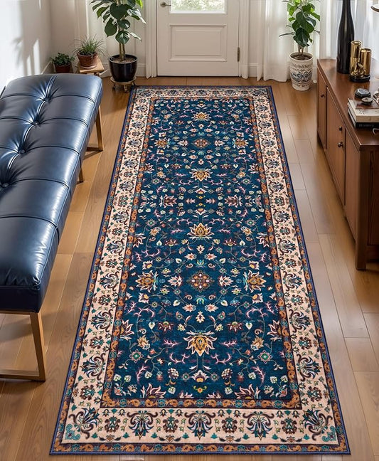 Tangspp Floral Washable Runner Rug, 2x5 Rug Runners for Hallways Non Slip, Vintage Boho Runner Rug for Entryway Indoor, Blue Print Carpet Runner, Soft Low Pile Runner for Kitchen Bedroom Navy Blue