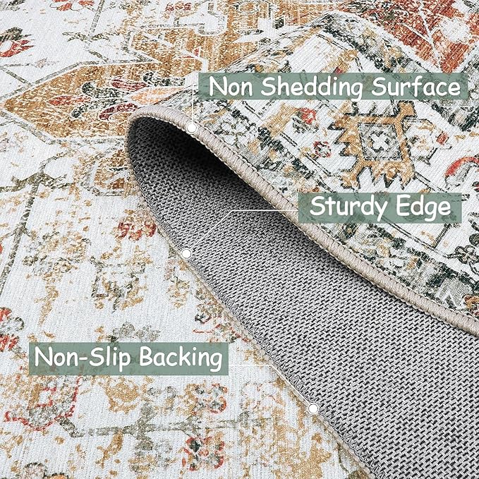Moynesa Ultra-Thin Washable Runner - 2'6" x 8' Hallway Rug, Kitchen & Bathroom Carpet, Vintage Printed Low Pile Entryway Runner for Apartment, Camper, RV, Beige/Gold