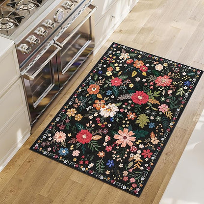 3x5 Area Rug, Floral Black Washable Rug for Entryway, Non Slip Flower Area Rugs, Soft Low Pile Indoor Doormat Small Carpet, Rugs for Living Room Bathroom Bedroom Nursery Kitchen Dining Room