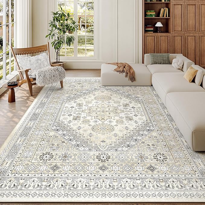 zesthome 5x7 Area Rugs - Ultra-Thin Washble Rug, Stain Resistant Anti Slip Backing Rugs for Living Room,Bedroom, Vintage Home Decor Area Rug (Beige,5'x7')