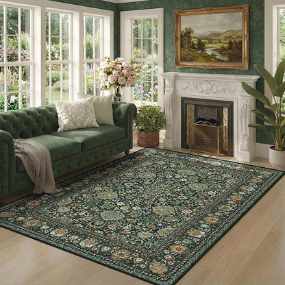 Dark Green Rug 4x6 Area Rug with Non-Slip Backing, Washable Rugs for Bedroom Living Room Kitchen, Distressed Carpet Printed Low-Pile Soft Dorm Rug Room Decor