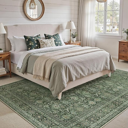 Area Rug 6x9 Green Washable Living Room Carpet Soft Non Slip Vintage Bedroom Indoor Office Traditional Retro Distressed Large Thicker Throw Rug for Dining Room Kitchen Playroom