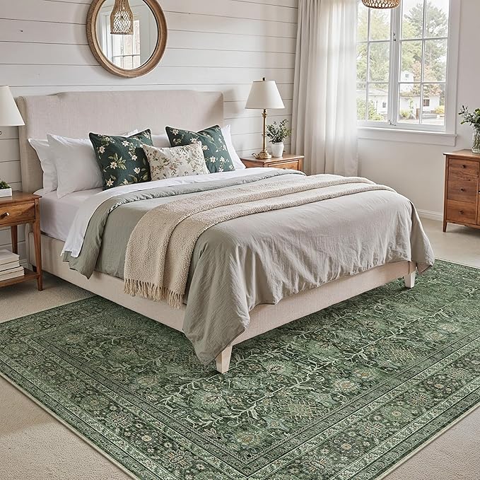 Area Rug 8x10 Green Washable Living Room Carpet Soft Non Slip Vintage Bedroom Indoor Office Traditional Retro Distressed Large Thicker Throw Rug for Dining Room Playroom