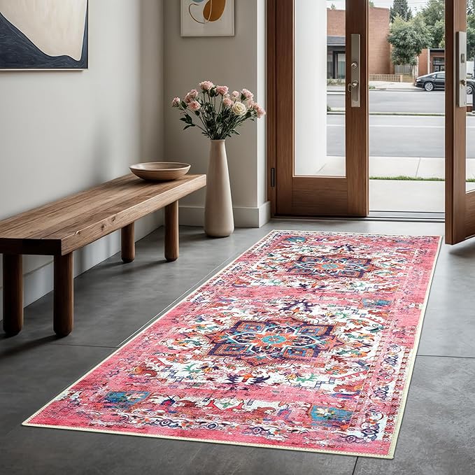 GLN Rugs Traditional Collection - Machine Washable Area Rug, Traditional Washable, Non Slip, Low Pile Chenille Rug, Living Room, Bedroom, Kitchen Rug (2'6" x 10' Pink/Multicolor)