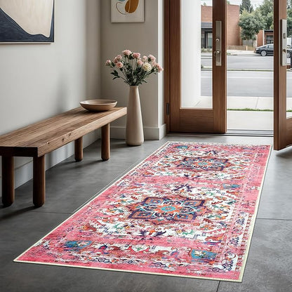 GLN Rugs Traditional Collection - Machine Washable Area Rug, Traditional Washable, Non Slip, Low Pile Chenille Rug, Living Room, Bedroom, Kitchen Rug (2'6" x 10' Pink/Multicolor)