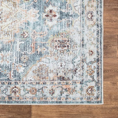 Bloom Rugs Washable Non-Slip 9' x 12' Rug - Teal/Peach Traditional Area Rug for Living Room, Bedroom, Dining Room, and Kitchen - Exact Size: 9' x 12'