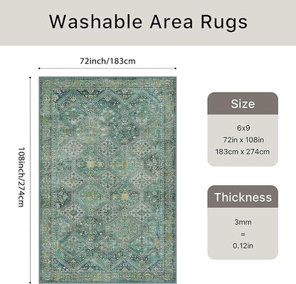Bavni 6x9 Area Rugs for Living Room, Machine Washable Rug Non Slip, Vintage Chenille Distressed Print Carpet, Large Low Pile Ultra-Thin Lightweight Rugs for Bedroom, Dining Room, Home, Office, Cyan