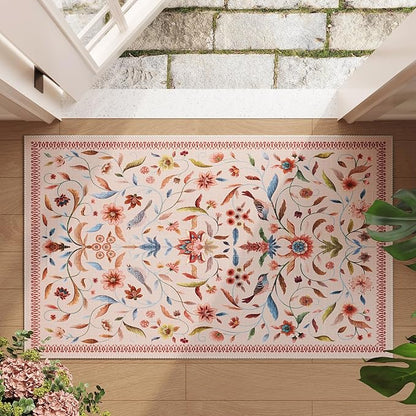 Vintage Medallion Floral Indoor Door Mat 2x3, Machine Washable Entryway Rug, Low Pile Soft Small Carpet, Non-Slip Area Rug for Entrance, Bedroom, Kitchen & Kids Room | Pink