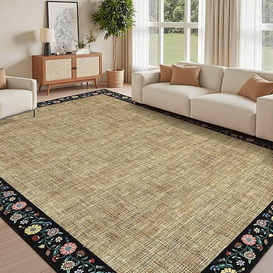 GarveeHome Washable Rugs for Living ROM 8 x 10 Large Area Rug Farmhouse Floral Bordered Bedroom Carpet Indoor Non-Slip Nursery Mat Soft Non Shedding Stain Resistant Carpet for Dining Room, Brown