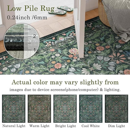 Green Floral 8x10 Area Rugs for Living Room Large Washable Rug Vintage Forest Low Pile Non Slip Stain Resistance Soft Carpet for Dining Room, Bedroom, Office Rug, Kids Room, Nursery Room, Playroom
