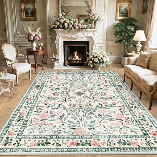 Area Rugs 9x12 Living Room: Floral Washable Rug Vintage Large Soft Boho Non-Slip Carpet Indoor Stain Resistant Low Pile Carpets for Bedroom Dining Room Farmhouse Nursery Home Office Green Beige