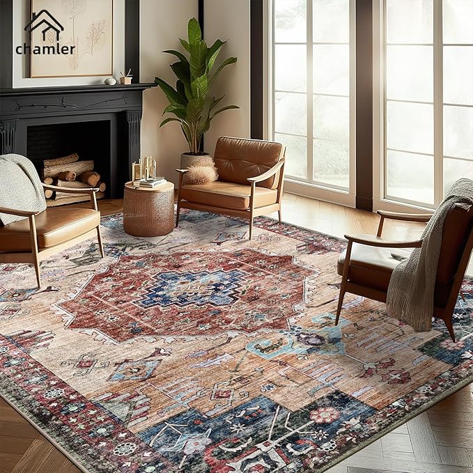 10'x14' Washable Area Rug Boho Chic Medallion Distressed Design Non-Shedding Easy Care Ideal for High Traffic Areas in Rugs for Living Room Bedroom Office Coffee Table Large Carpet