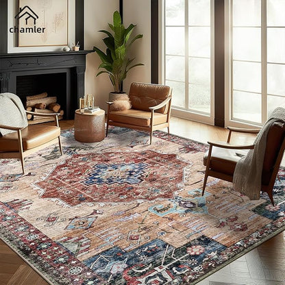 10'x14' Washable Area Rug Boho Chic Medallion Distressed Design Non-Shedding Easy Care Ideal for High Traffic Areas in Rugs for Living Room Bedroom Office Coffee Table Large Carpet
