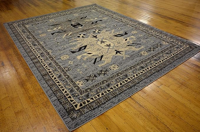 Unique Loom Taftan Collection Border Geometric Tribal Inspired Design Area Rug (8' 0 x 10' 0 Rectangular, Gray/ Black)