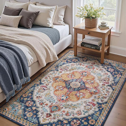 tchdio 3x5 Bedroom Area Rug, Non Slip Washable Entryway Rug Indoor, Soft Low Pile Vintage Door Mat, Stain Resistant Rug for Entrance, Bedside, Dining Room (Multi, 3'x5')