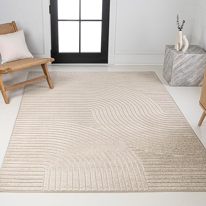 JONATHAN Y Hallie High-Low Curve Beige/Cream 8x10 Indoor/Outdoor Area Rug, Minimalist Geometric, Pet Friendly, for Patio, Backyard, Living Room, Bedroom, Office, Hose-Washable (SCN100D-8)