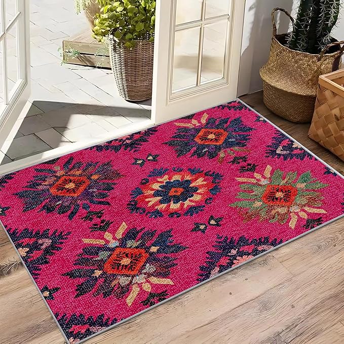 Southwestern Washable Rugs - 5x8ft - Ethnic Vintage Floral Medallion Rugs for Living Room Non Slip Low Pile Area Rug for Bedroom, Southwestern Carpets Room Decor & Gifts
