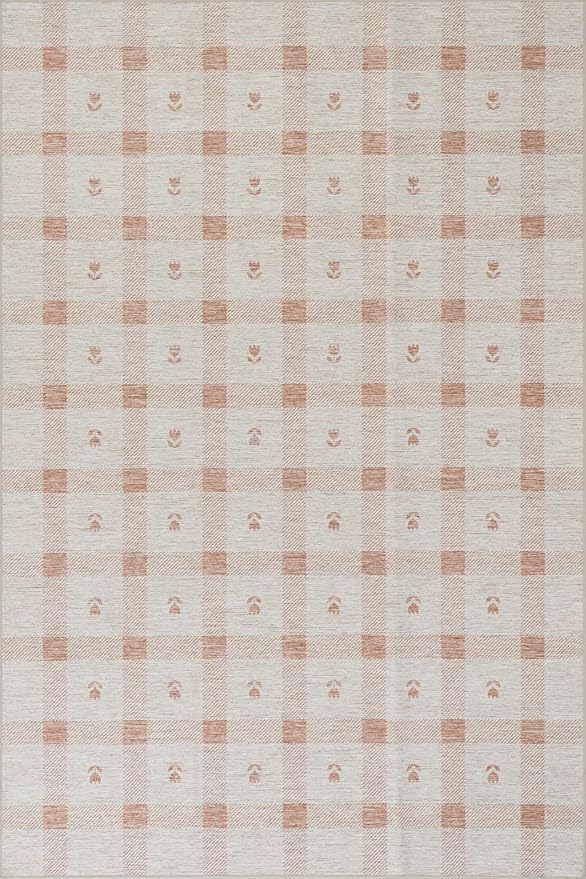 Dash & Albert Zale Peach Machine Washable Rug, 6 X 9 Feet, Oranges/White Plaid Pattern