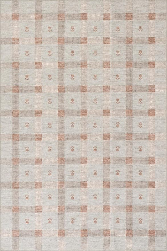 Dash & Albert Zale Peach Machine Washable Rug, 6 X 9 Feet, Oranges/White Plaid Pattern