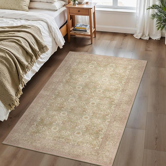 Bavni 4x6 Vintage Floral Rug, Washable Non Slip Area Rug for Entryway, Bedroom, Kitchen or Living Room, Low Pile Carpet, Brown Pink
