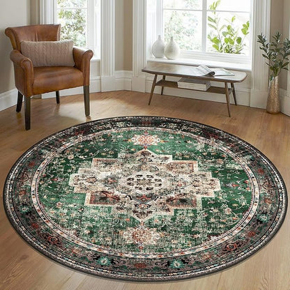 Round Rug 6ft for Bedroom, Green Washable Circle Rug Non-Slip Boho Area Rug 6' Round Carpet for Dining Room Kitchen Dorm Bathroom Low Pile Soft