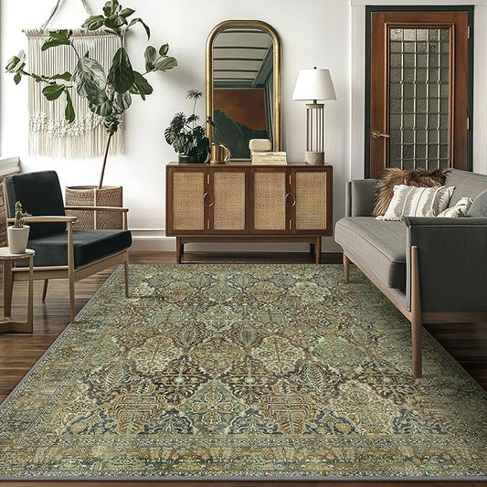 Bavni Area Rug 3X5, Aesthetic Rugs for Living Room, Non Shedding Non Slip Machine Washable Carpet for Office Dorm, Floral Vintage Chenille Rugs for Bedroom, Sage Green