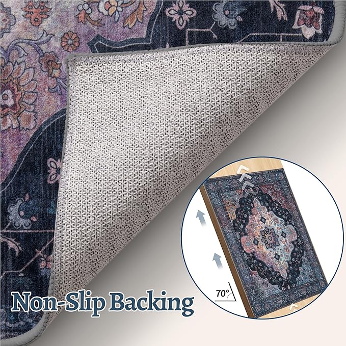 6x9 Area Rug Washable Rug for Living Room, Vintage Rug Indoor Non Slip Large Area Rugs, Print Distressed Brown Carpet, Soft Low Pile Foldable for Dining Room Bedroom Office Navy/Multi