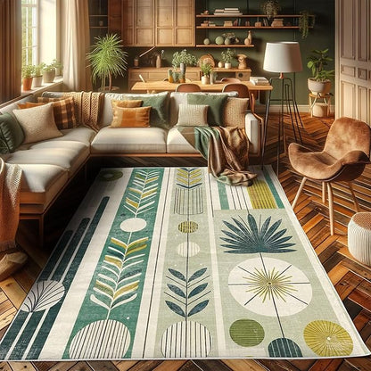Ambesonne Mid Century Modern Decorative Rug, Abstract Circles Leaves and Stripes in Nature Color Palette, Quality Carpet for Bedroom Dorm and Living Room, 2' 2" x 3' 7", Fawn Teal Pale Green