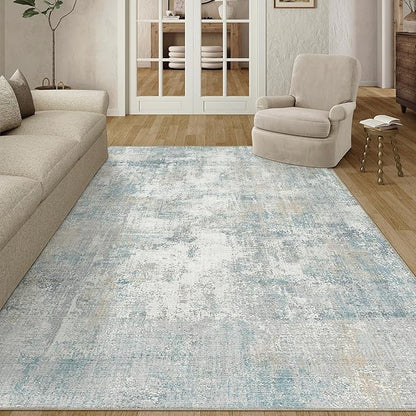 6x9 Washable Area Rug Blue Cream Abstract Living Room Bedroom Carpet Neutral Modern Non-Slip Soft Low Pile Lightweight Vacuumable Throw Rug for Dining Room Kitchen