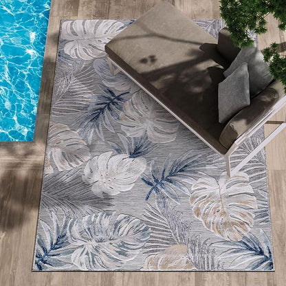 CAMILSON Indoor Outdoor Rug, Blue 10’x14’ Leaf Tropical Botanical Area Rugs for Indoor and Outdoor patios, Easy-Cleaning Non-Shedding Living Room, Garden and Kitchen Washable Outside Carpet (10x14)