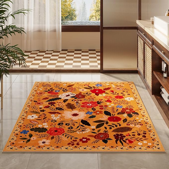 Rugcomf Area Rug 4x6 Rug Washable Boho Rugs Non Slip Low Pile Floral Small Carpet for Bedroom, Bedside, Kids Room, Office, Dining Room(Yellow)