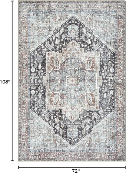 Bloom Rugs Washable Non-Slip 6' x 9' Rug - Charcoal/Brown Traditional Medallion Area Rug for Living Room, Bedroom, Dining Room, and Kitchen - Exact Size: 6' x 9'