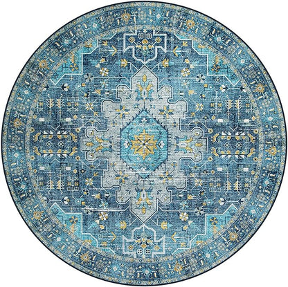 Moynesa Ultra-Thin Washable 5ft Round Rug - Teal 5x5 Circle Rugs for Living Room, Vintage Dining Room Mat Stain Resistant Nursery Carpet for Bedroom Mudroom Kitchen Apartment Home Office