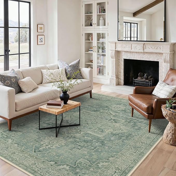 5x7 Area Rugs for Living Room, Machine Washable Rug, Non Slip Vintage Rugs, Low Pile Lightweight Print Rug for Bedroom, Dining Room, Home Office, Green