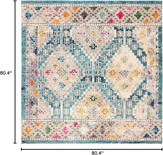 SAFAVIEH Madison Collection Area Rug - 6'7" Square, Dark Blue & Yellow, Boho Diamond Distressed Design, Non-Shedding & Easy Care, Ideal for High Traffic Areas in Living Room, Bedroom (MAD418N)