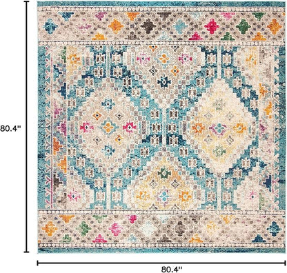 SAFAVIEH Madison Collection Area Rug - 6'7" Square, Dark Blue & Yellow, Boho Diamond Distressed Design, Non-Shedding & Easy Care, Ideal for High Traffic Areas in Living Room, Bedroom (MAD418N)