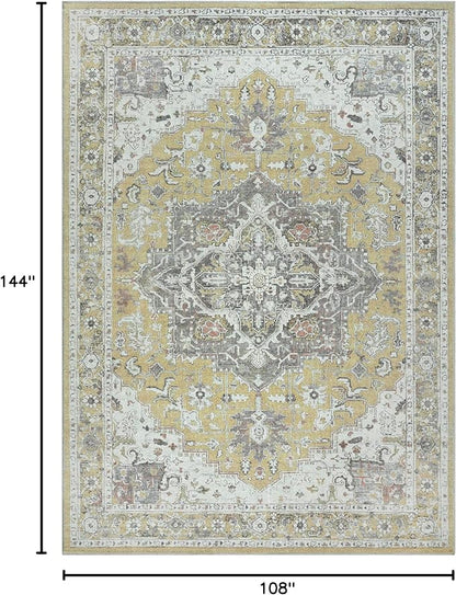 Bloom Rugs Washable Non-Slip 9' x 12' Rug - Yellow Traditional Medallion Area Rug for Living Room, Bedroom, Dining Room, and Kitchen - Exact Size: 9' x 12'