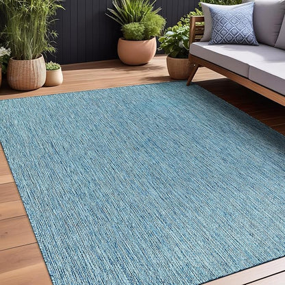 Beverly Rug Indoor Outdoor Rug 8x10, Washable Outside Carpet for Patio, Deck, Porch, Solid Modern Area Rug, Water Resistant, Aqua Blue