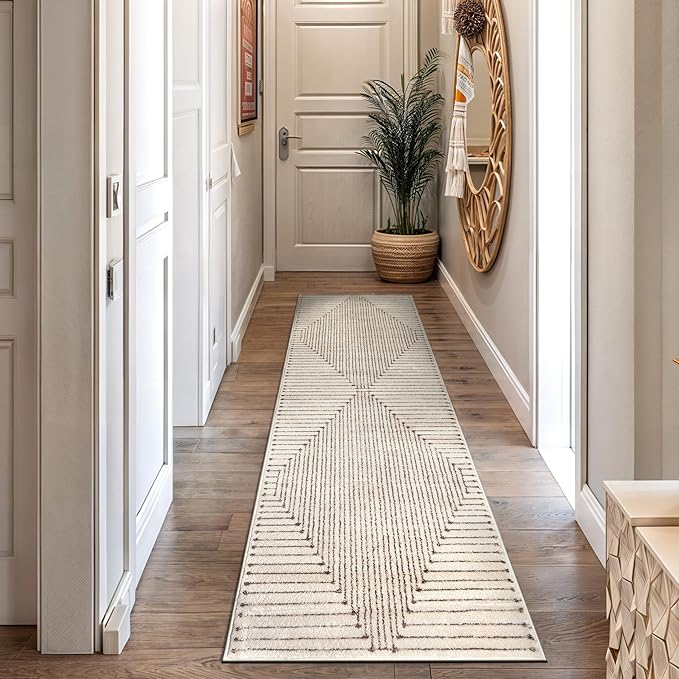 Rugshop Beige and Brown Geometric Area Rug – Soft Abstract Line Pattern Carpet for Living Room, Bedroom, or Office – Contemporary Neutral Decor Accent 2' 3" x 8' Runner Beige