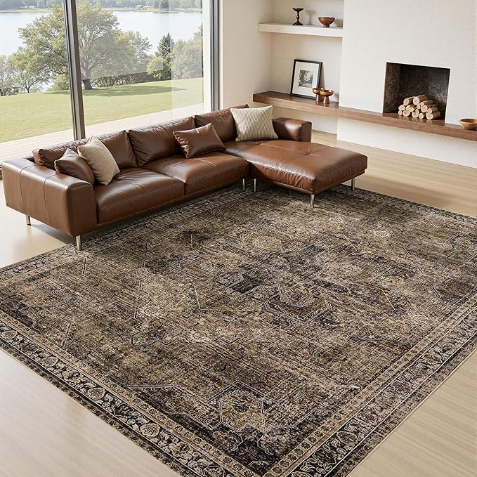 Washable 6x9 Area Rug for Living Room, Carpet for Bedroom Dining Room, Non Slip&Non-Shedding Resistant Low Pile Vintage Print Rug for Home Office (Brown1)