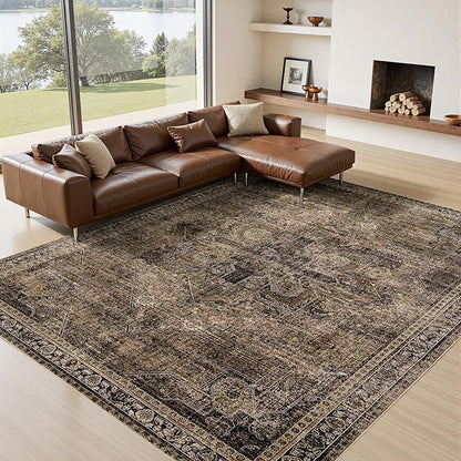 Washable 6x9 Area Rug for Living Room, Carpet for Bedroom Dining Room, Non Slip&Non-Shedding Resistant Low Pile Vintage Print Rug for Home Office (Brown1)