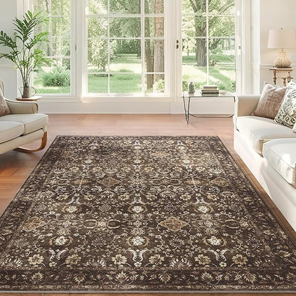 8x10 Washable Rugs for Living Room, Soft Large Rugs Brown Area Rug, Indoor Vintage Carpet for Bedroom Dining Room Office, Rubber Backed Non Slip Low Pile Mat, Dark Brown
