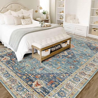 Enkor Area Soft Rugs 8x10 Washable Non Slip Boho Floor Rugs for Living Room Bedroom, Vintage Style Farmhouse Mat for Kitchen Entryway Green & Blue